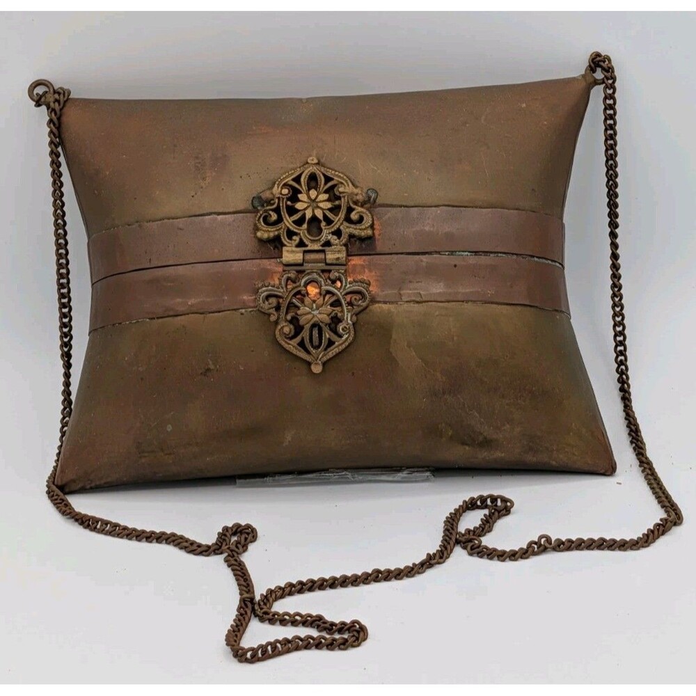 Antique Brass Copper 7" Pillow Purse Filigree Clasp Red Velvet Lining Chain